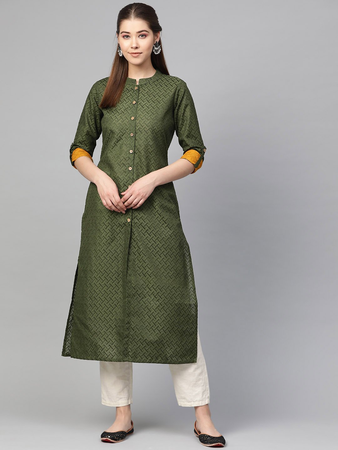 Jompers Women Olive Green Woven Design Straight Kurta - Distacart