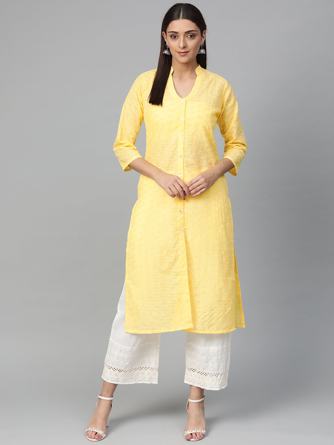 Jompers Women Yellow Chikankari Embroidered Semi-Sheer Straight Kurta - Distacart