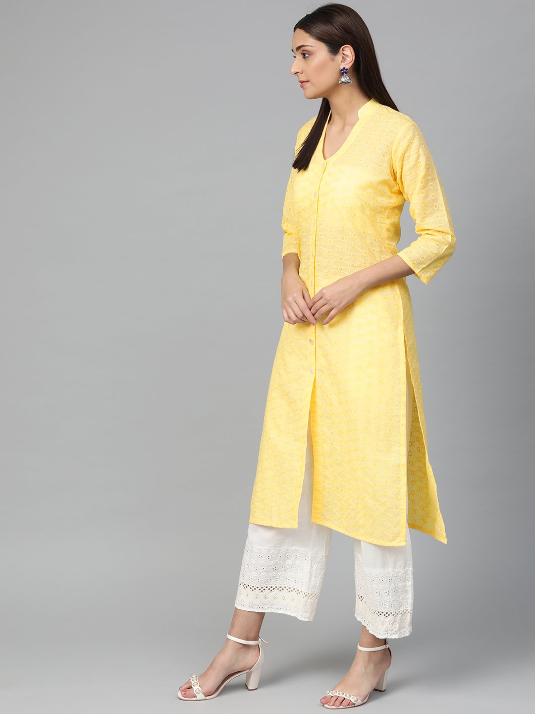 Jompers Women Yellow Chikankari Embroidered Semi-Sheer Straight Kurta - Distacart