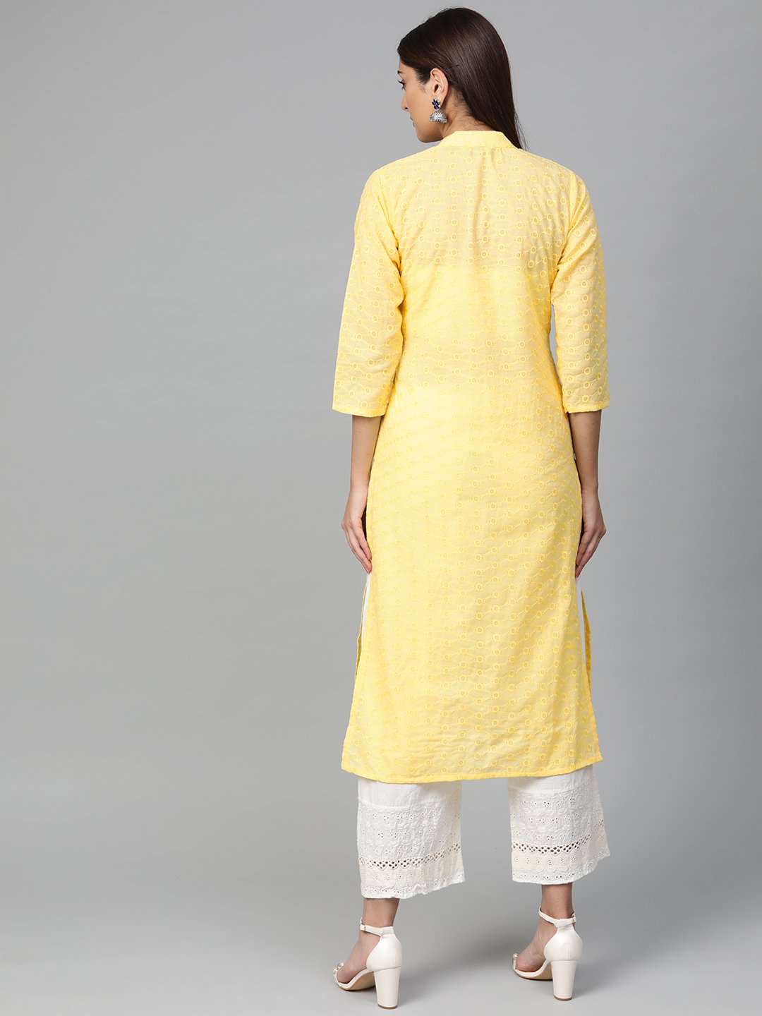 Jompers Women Yellow Chikankari Embroidered Semi-Sheer Straight Kurta - Distacart