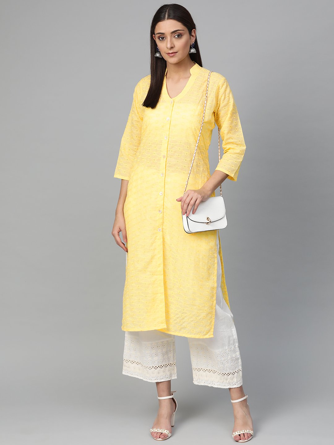 Jompers Women Yellow Chikankari Embroidered Semi-Sheer Straight Kurta - Distacart