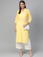 Thumbnail for Jompers Women Yellow Chikankari Embroidered Semi-Sheer Straight Kurta - Distacart