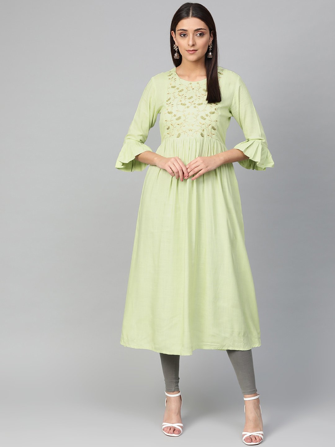 Jompers Women Green & Golden Yoke Design A-Line Kurta - Distacart