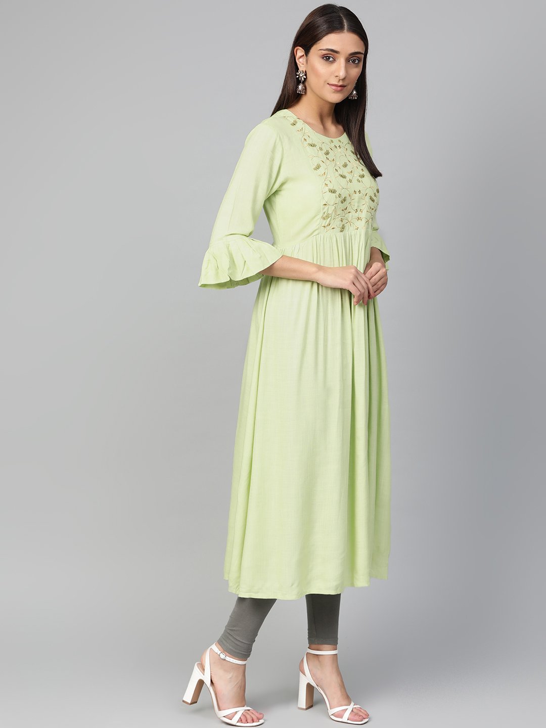 Jompers Women Green & Golden Yoke Design A-Line Kurta - Distacart