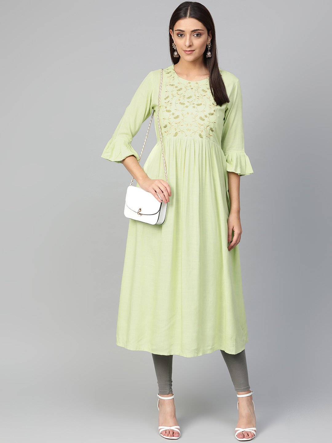 Jompers Women Green & Golden Yoke Design A-Line Kurta - Distacart