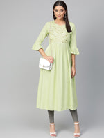 Thumbnail for Jompers Women Green & Golden Yoke Design A-Line Kurta - Distacart