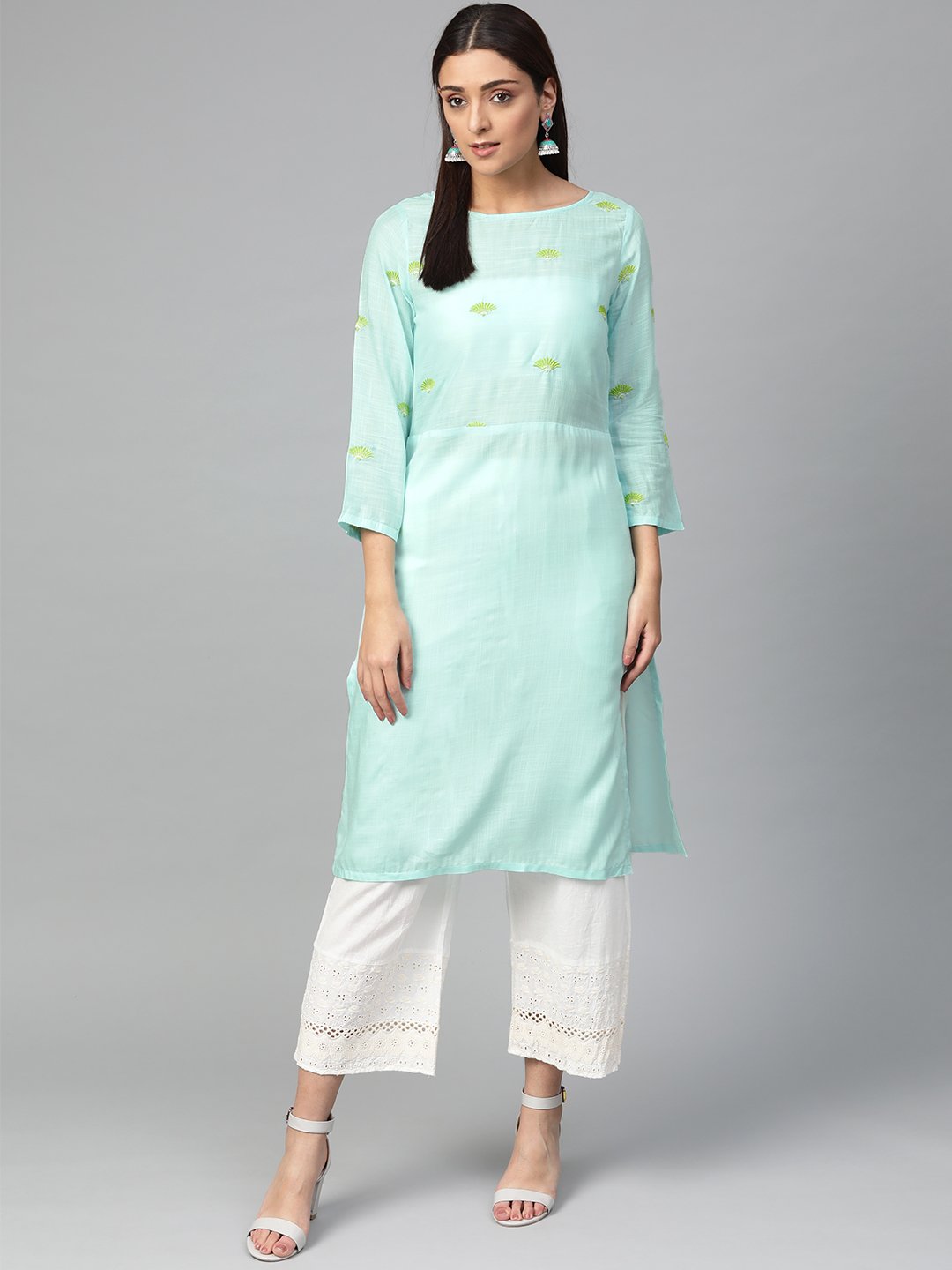 Jompers Women Blue Yoke Design Straight Kurta (Aqua) - Distacart