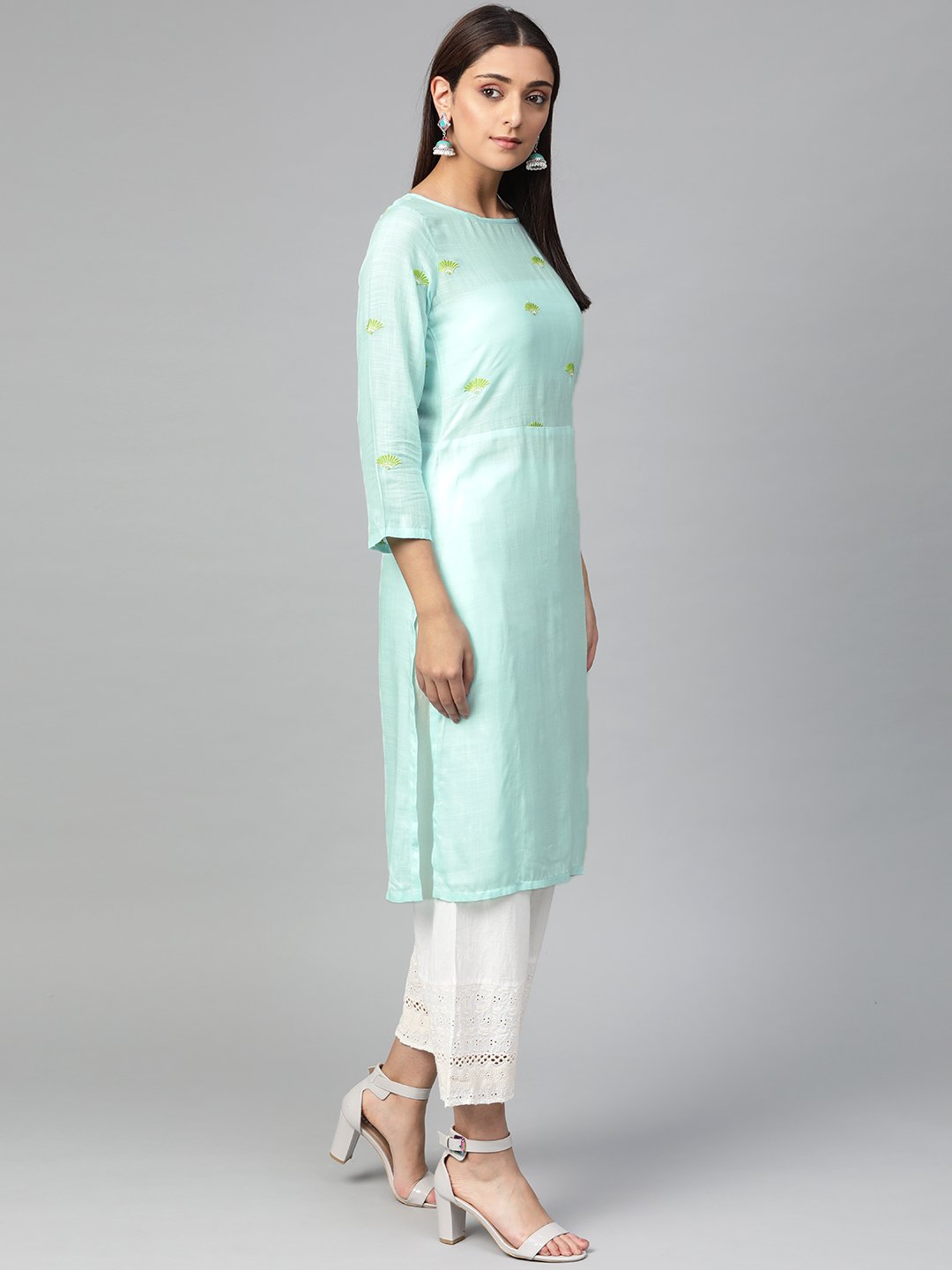 Jompers Women Blue Yoke Design Straight Kurta (Aqua) - Distacart