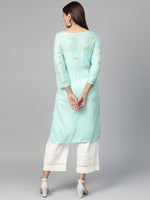 Thumbnail for Jompers Women Blue Yoke Design Straight Kurta (Aqua) - Distacart