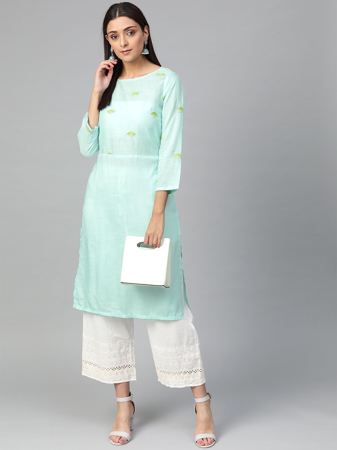 Jompers Women Blue Yoke Design Straight Kurta (Aqua) - Distacart