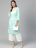 Thumbnail for Jompers Women Blue Yoke Design Straight Kurta (Aqua) - Distacart