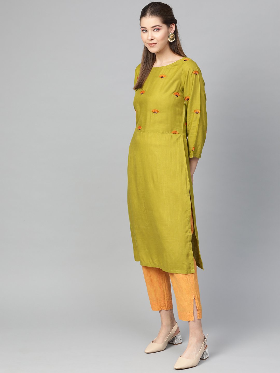Jompers Women Green Yoke Design Straight Kurta ( Olive ) - Distacart