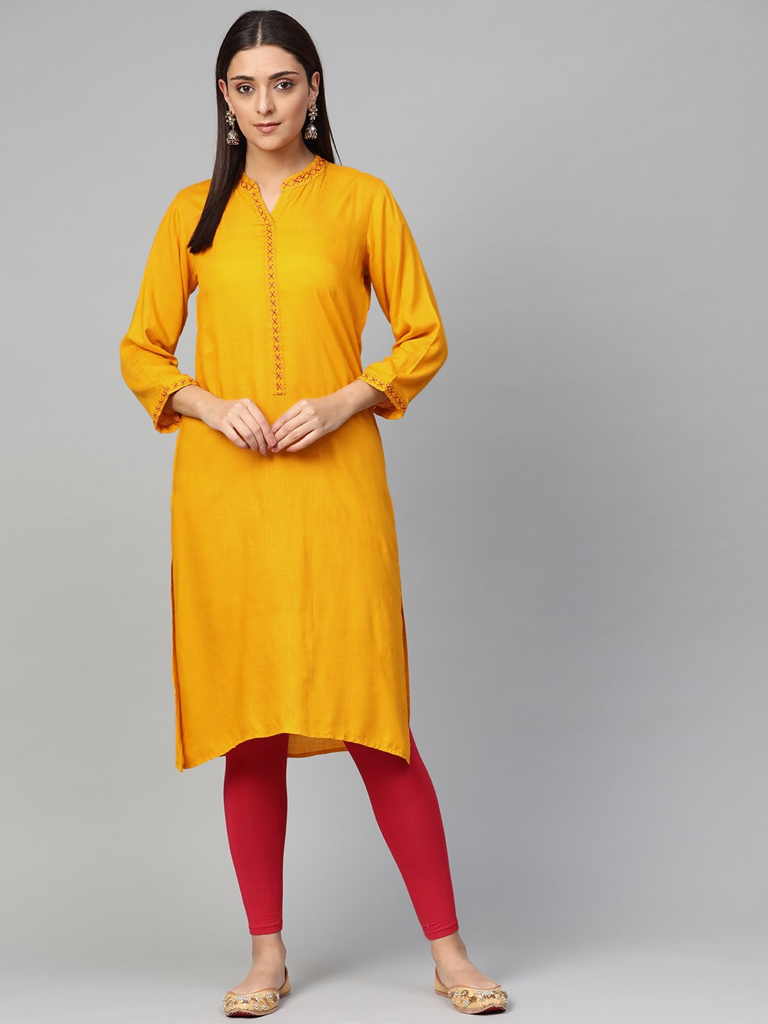 Jompers Women Mustard Embroidered Straight Kurta - Distacart