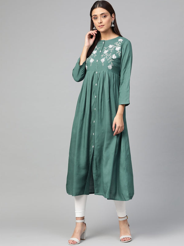 Jompers Women Green & White Yoke Design A-Line Kurta (Teal) - Distacart