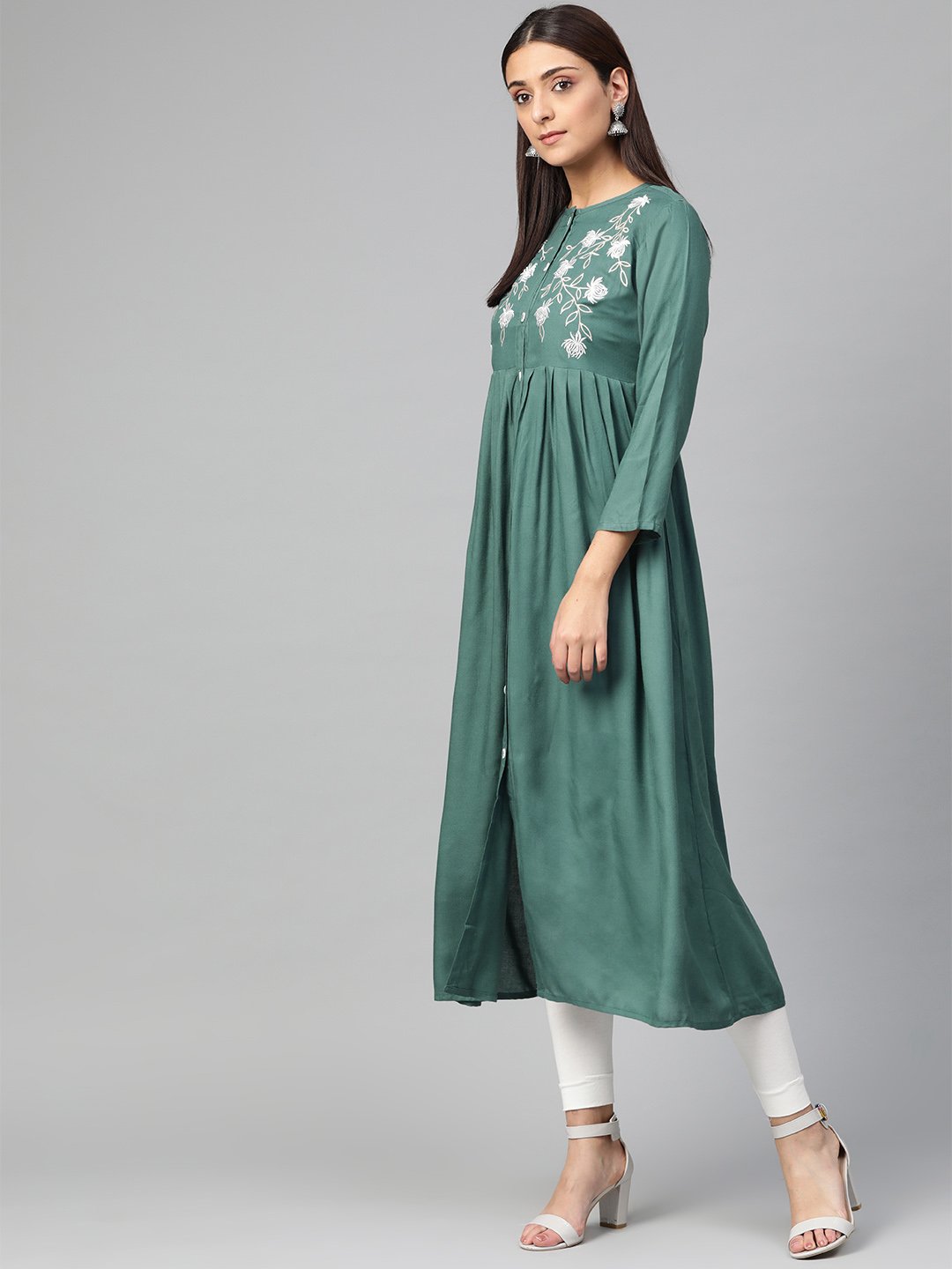 Jompers Women Green & White Yoke Design A-Line Kurta (Teal) - Distacart