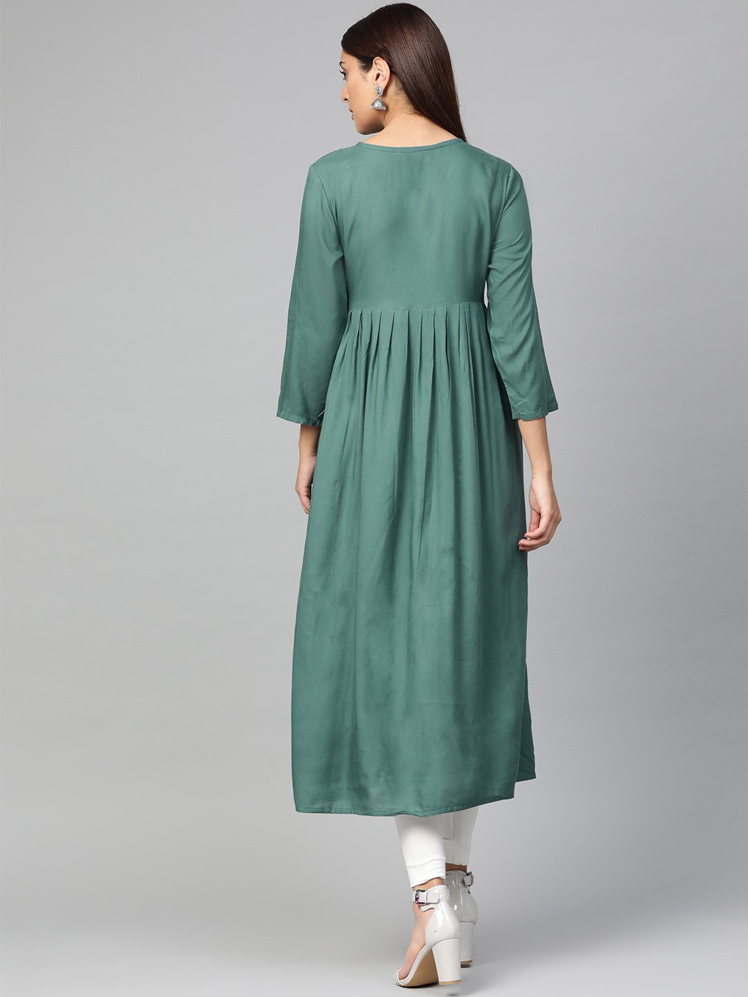 Jompers Women Green & White Yoke Design A-Line Kurta (Teal) - Distacart