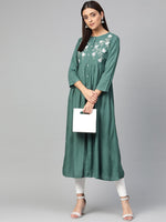 Thumbnail for Jompers Women Green & White Yoke Design A-Line Kurta (Teal) - Distacart