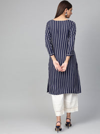 Thumbnail for Jompers Women Navy Blue & White Striped Straight Kurta - Distacart