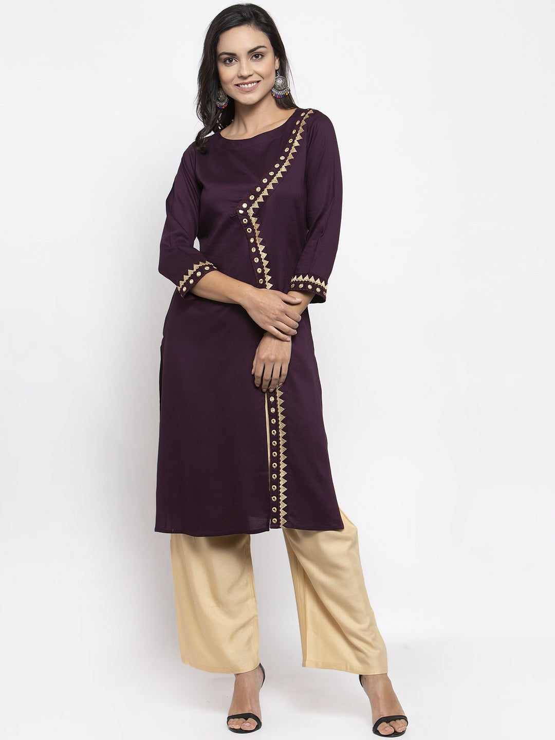 Jompers Women Purple Embroidered Straight Kurta ( Wine ) - Distacart