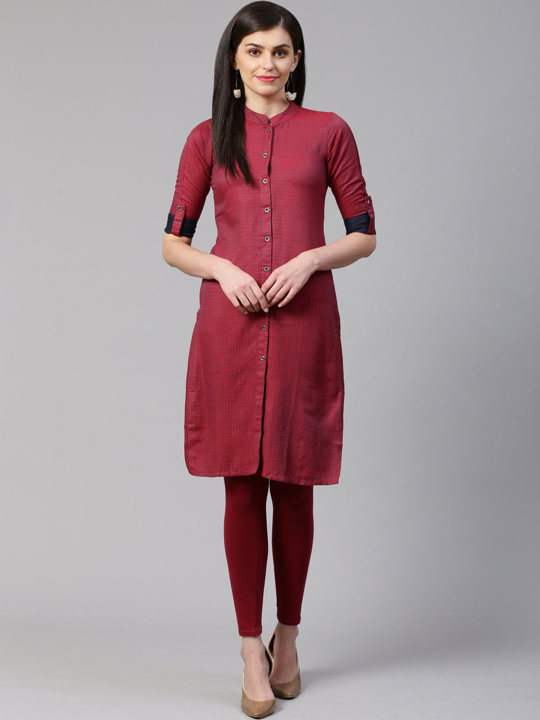 Jompers Women Maroon & Blue Jacquard Woven Design Straight Kurta - Distacart