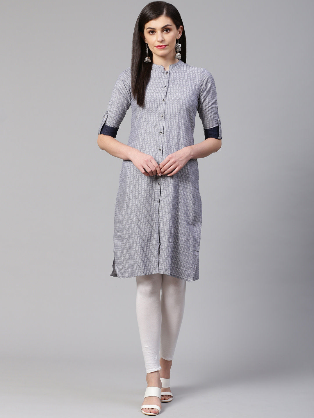 Jompers Women Grey & Blue Jacquard Woven Design Straight Kurta - Distacart