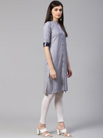 Thumbnail for Jompers Women Grey & Blue Jacquard Woven Design Straight Kurta - Distacart