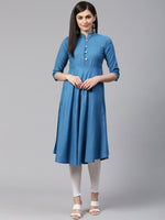 Thumbnail for Jompers Women Blue Woven Design Jacquard Weave A-Line Kurta - Distacart