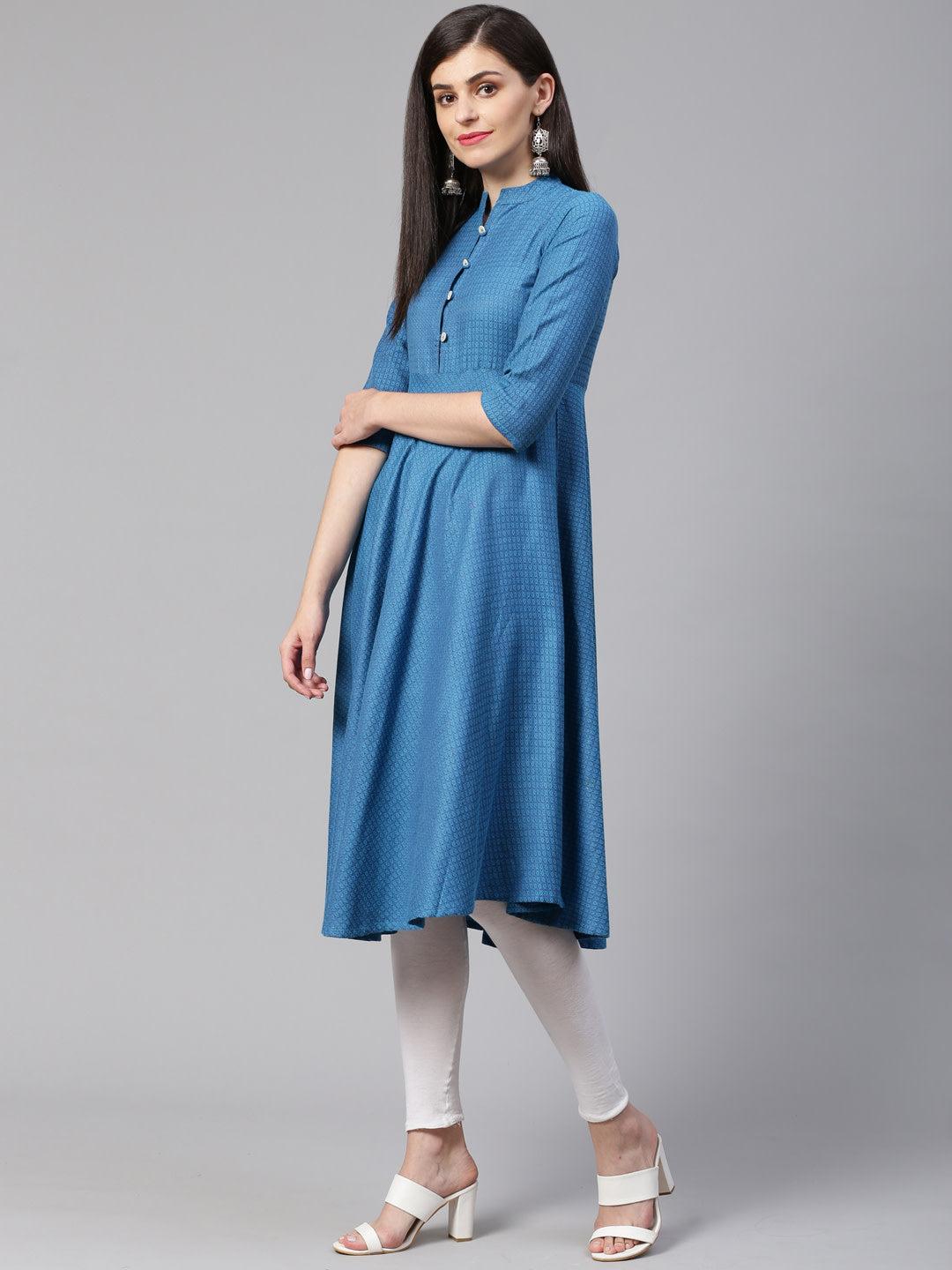 Jompers Women Blue Woven Design Jacquard Weave A-Line Kurta - Distacart