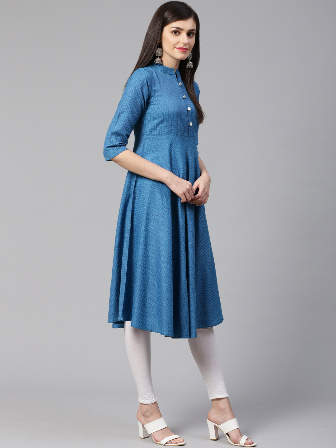 Jompers Women Blue Woven Design Jacquard Weave A-Line Kurta - Distacart