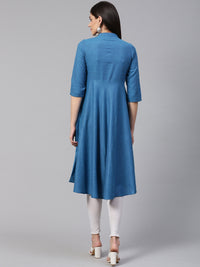 Thumbnail for Jompers Women Blue Woven Design Jacquard Weave A-Line Kurta - Distacart