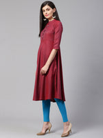 Thumbnail for Jompers Women Maroon Woven Design Jacquard Weave A-Line Kurta - Distacart
