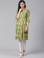Thumbnail for Jompers Women Green & Cream-Coloured Ikkat Woven Design Straight Kurta - Distacart