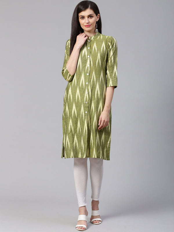 Jompers Women Green & Cream-Coloured Ikkat Woven Design Straight Kurta - Distacart