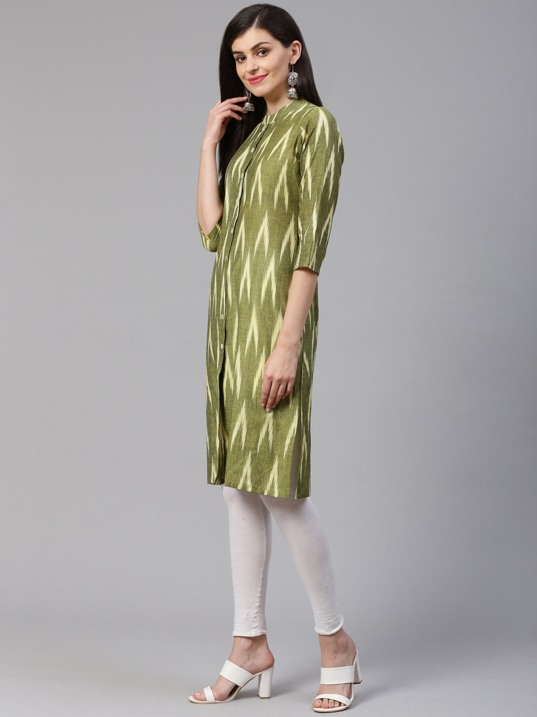 Jompers Women Green & Cream-Coloured Ikkat Woven Design Straight Kurta - Distacart