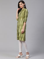 Thumbnail for Jompers Women Green & Cream-Coloured Ikkat Woven Design Straight Kurta - Distacart