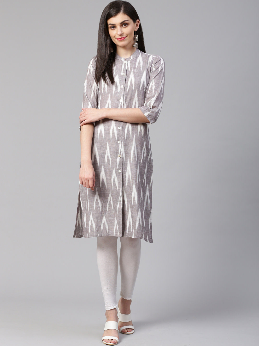 Jompers Women Grey & Cream-Coloured Ikkat Woven Design Straight Kurta - Distacart