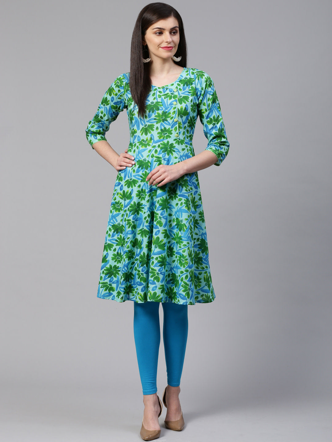 Jompers Women Blue & Green Floral Print Angrakha A-Line Kurta - Distacart