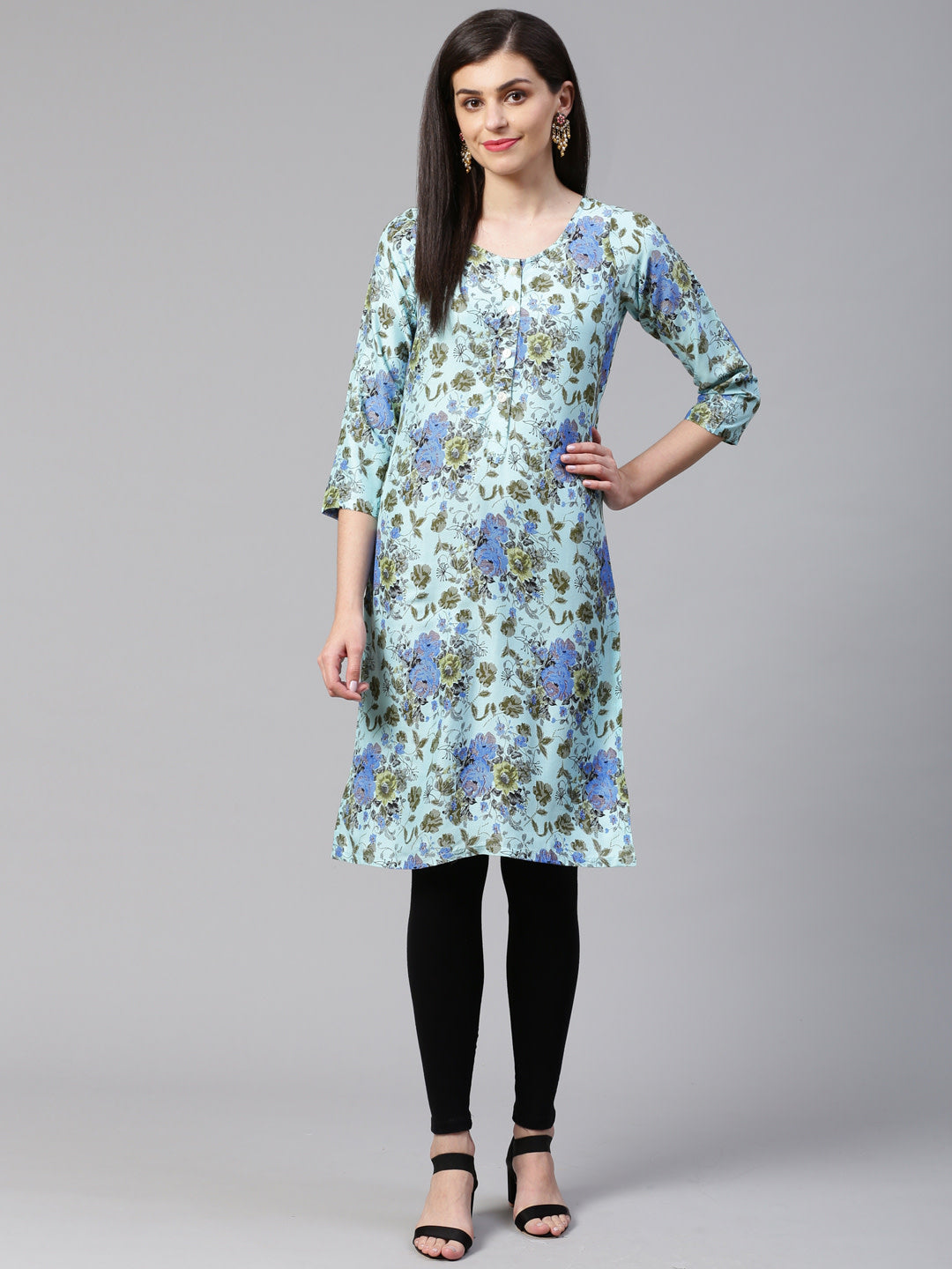 Jompers Women Blue & Green Floral Print Straight Kurta - Distacart