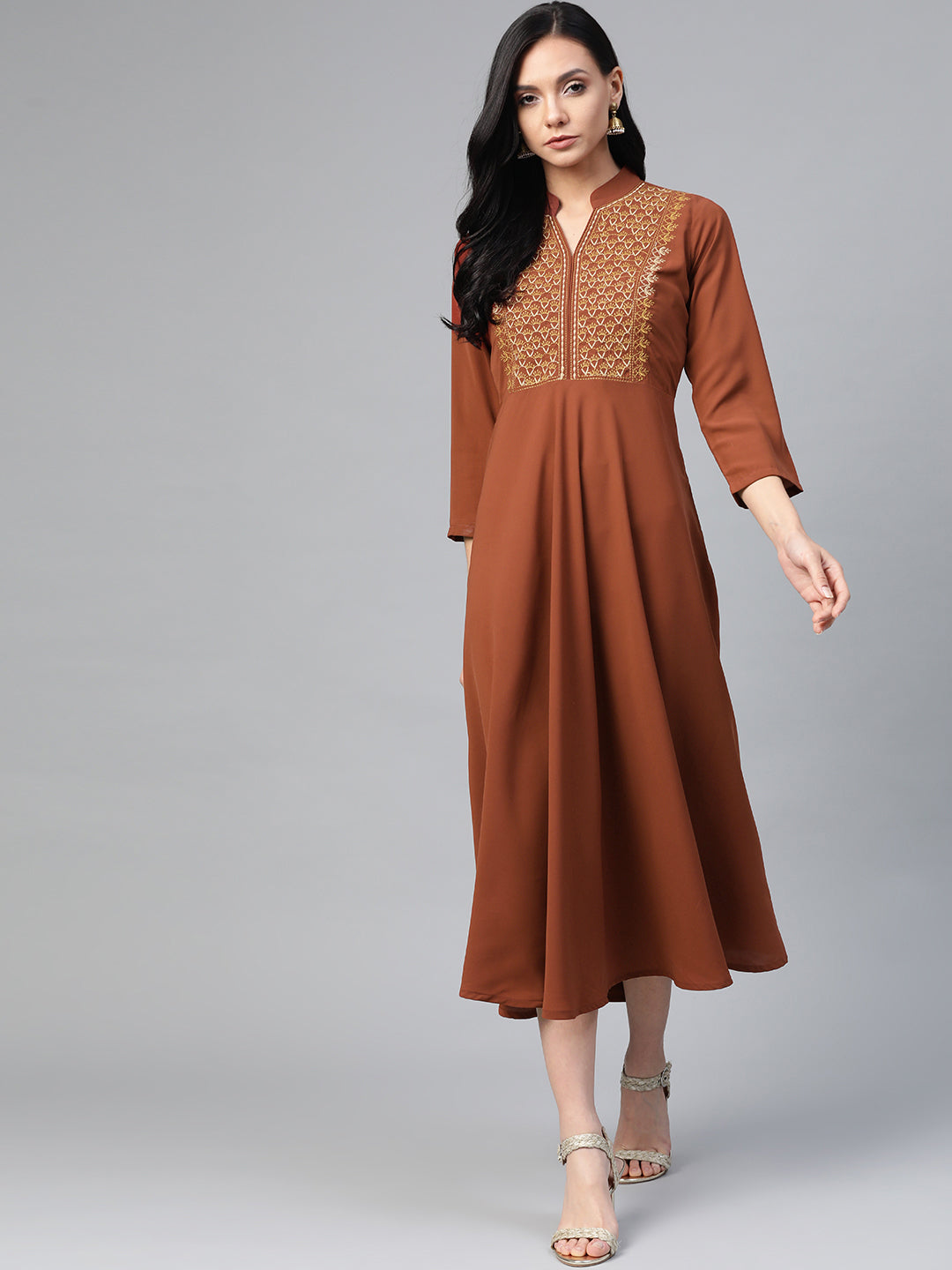 Jompers Women Brown Embroidered Yoke Design A-Line Kurta - Distacart