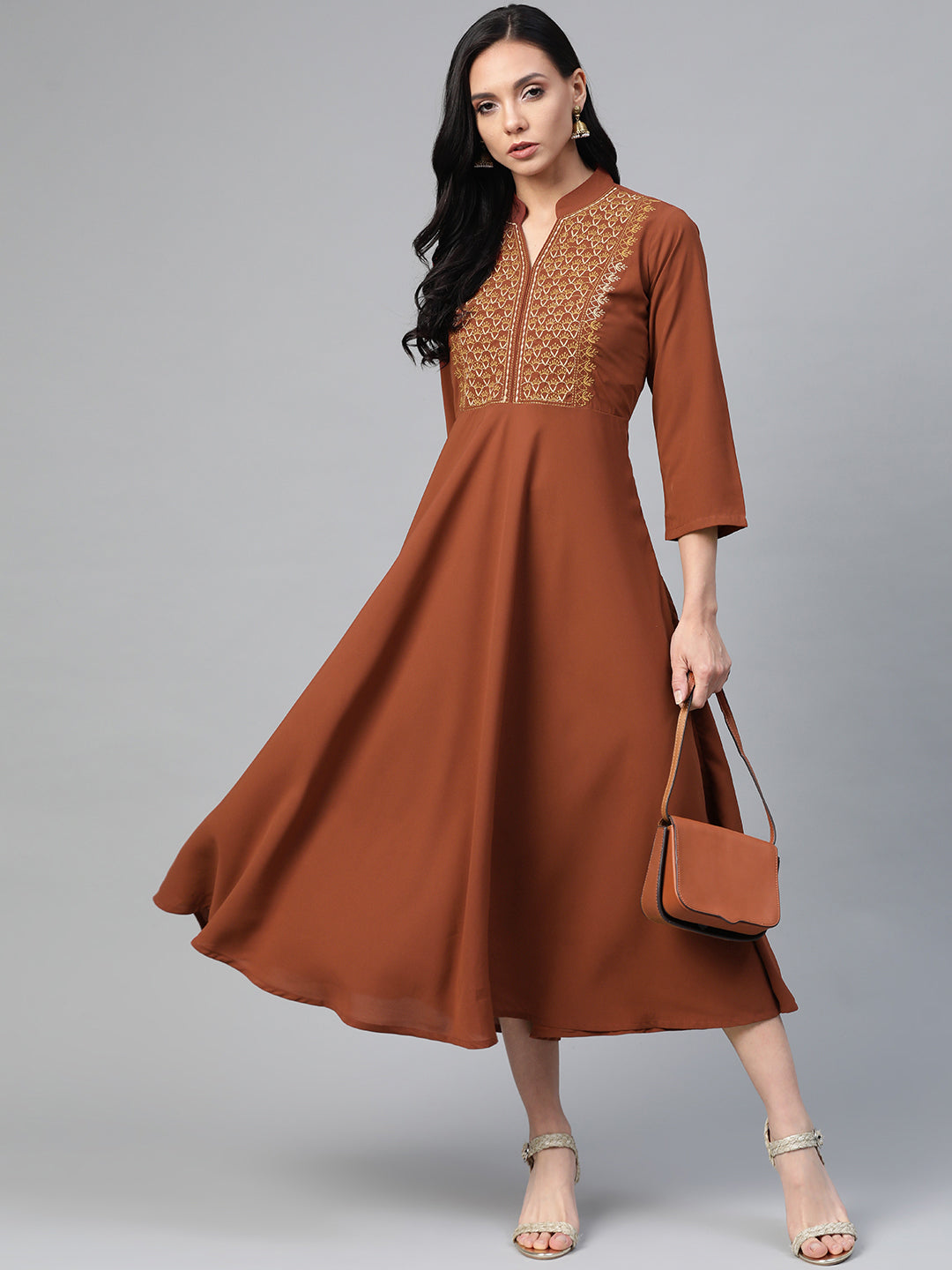 Jompers Women Brown Embroidered Yoke Design A-Line Kurta - Distacart
