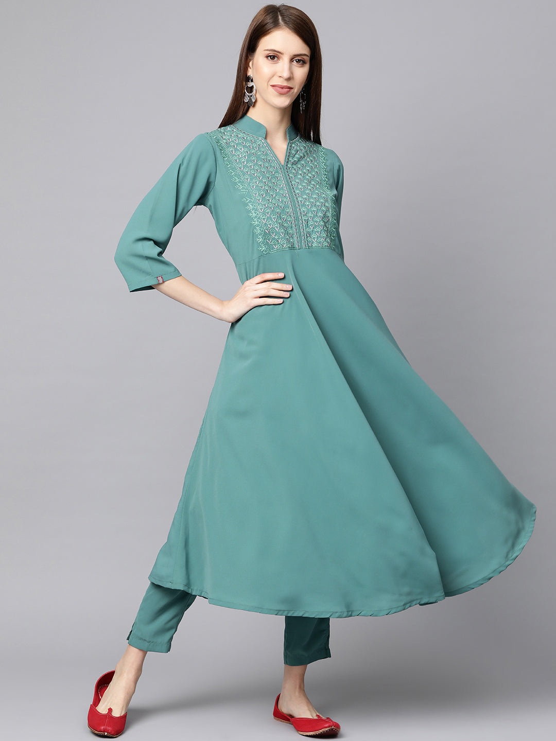 Jompers Women Green Embroidered Yoke Design A-Line Kurta - Distacart