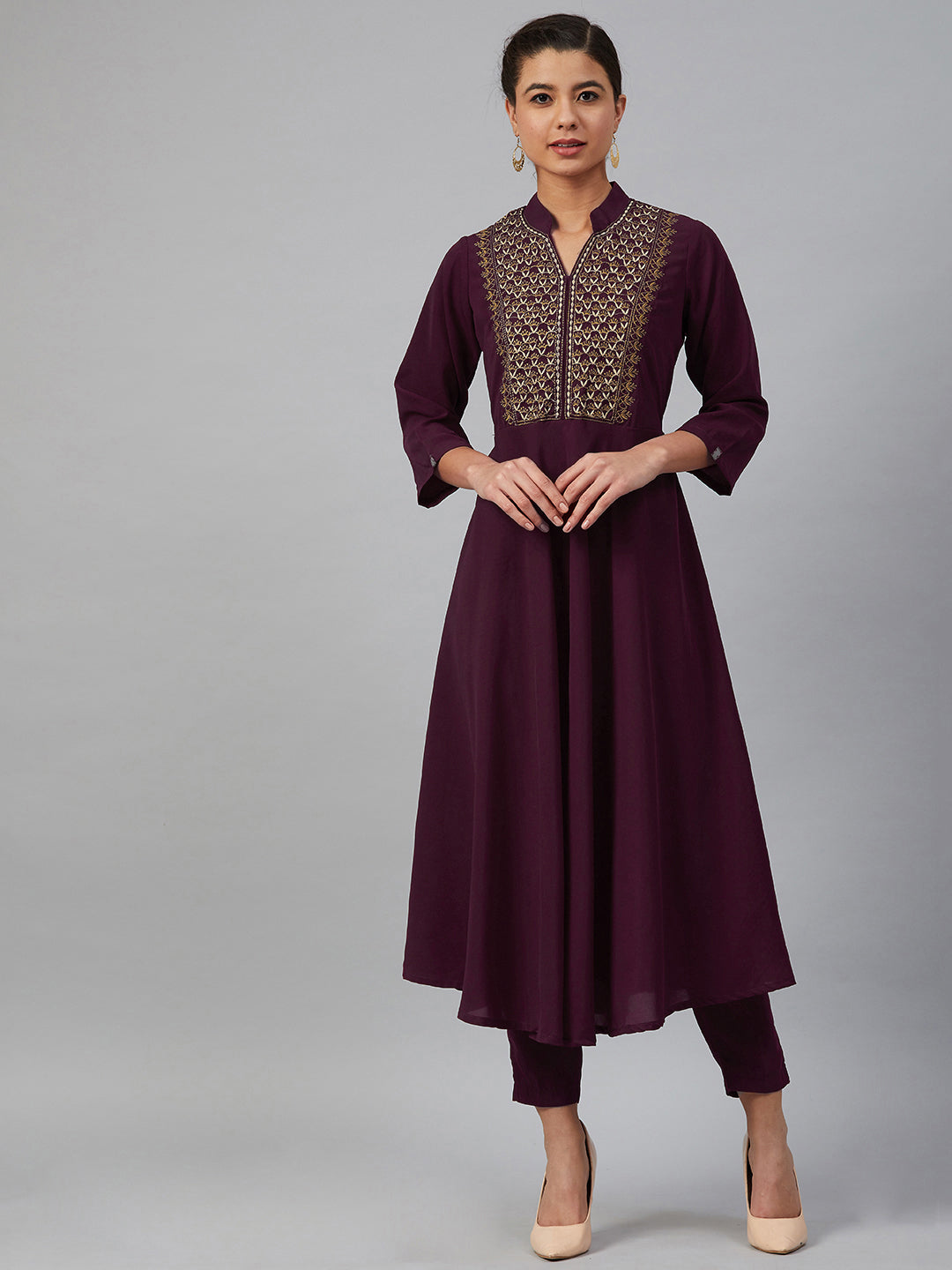 Jompers Women Purple Embroidered Yoke Design A-Line Kurta - Distacart