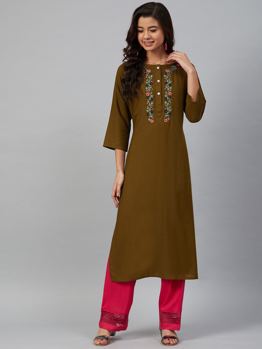 Jompers Women Olive Brown & Pink Yoke Embroidered Straight Kurta - Distacart