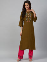 Thumbnail for Jompers Women Olive Brown & Pink Yoke Embroidered Straight Kurta - Distacart