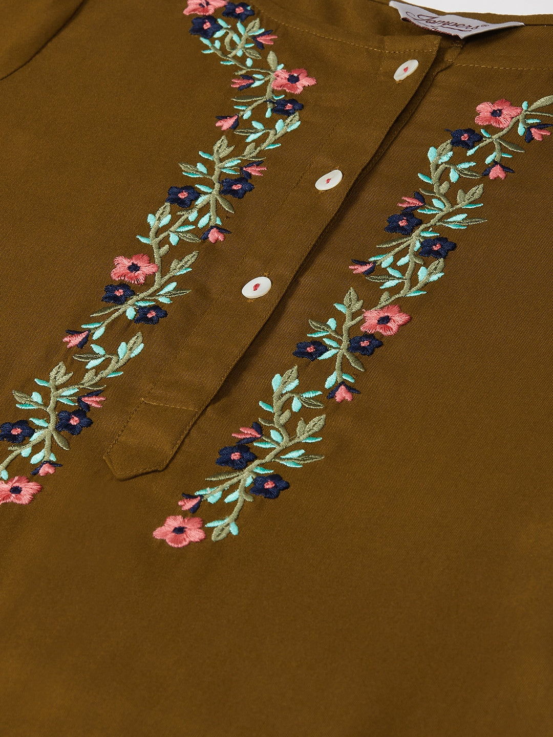 Jompers Women Olive Brown & Pink Yoke Embroidered Straight Kurta - Distacart