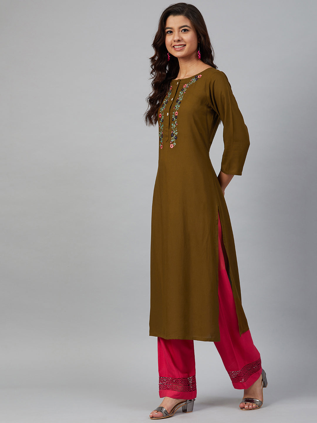 Jompers Women Olive Brown & Pink Yoke Embroidered Straight Kurta - Distacart