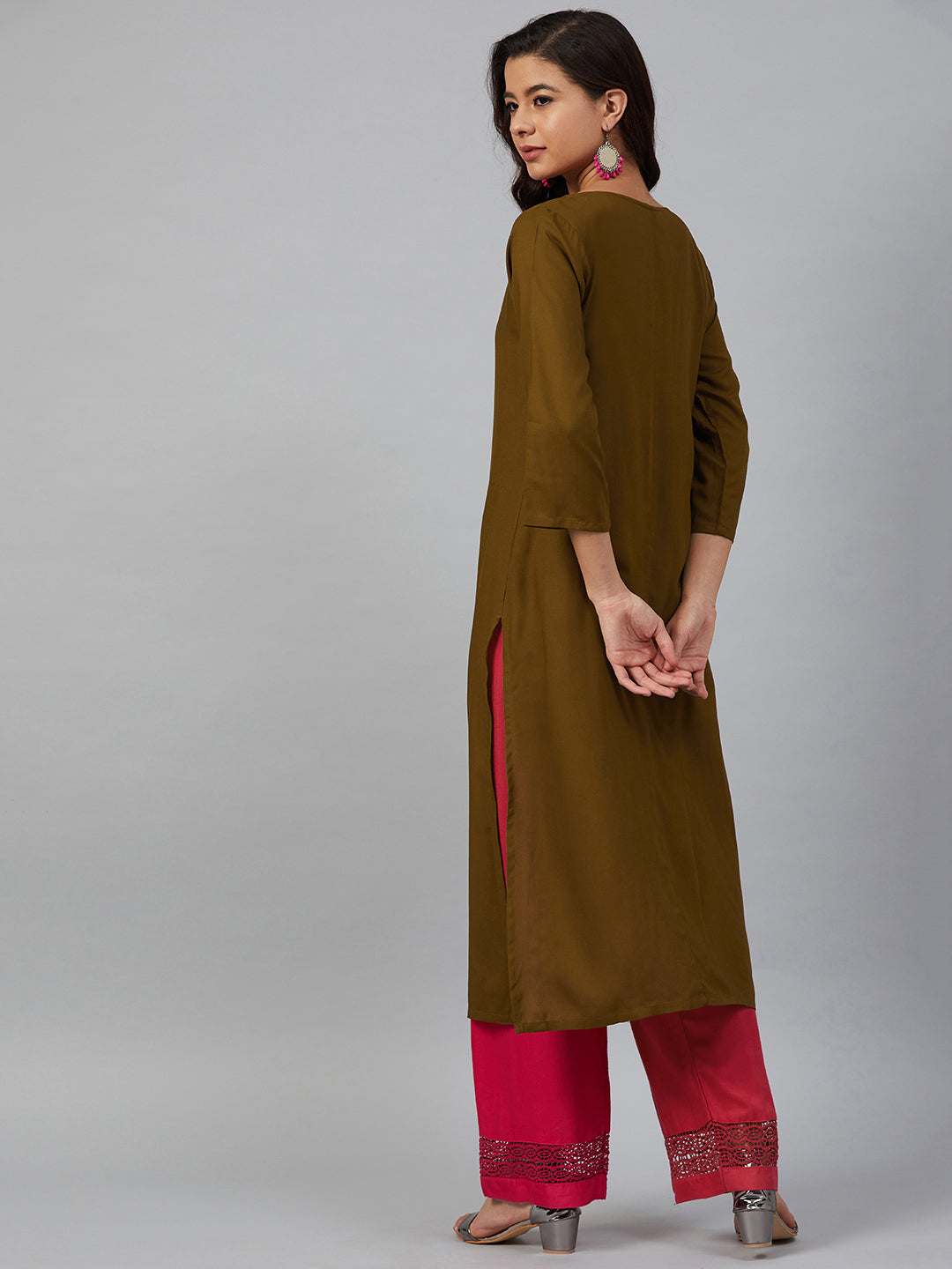 Jompers Women Olive Brown & Pink Yoke Embroidered Straight Kurta - Distacart