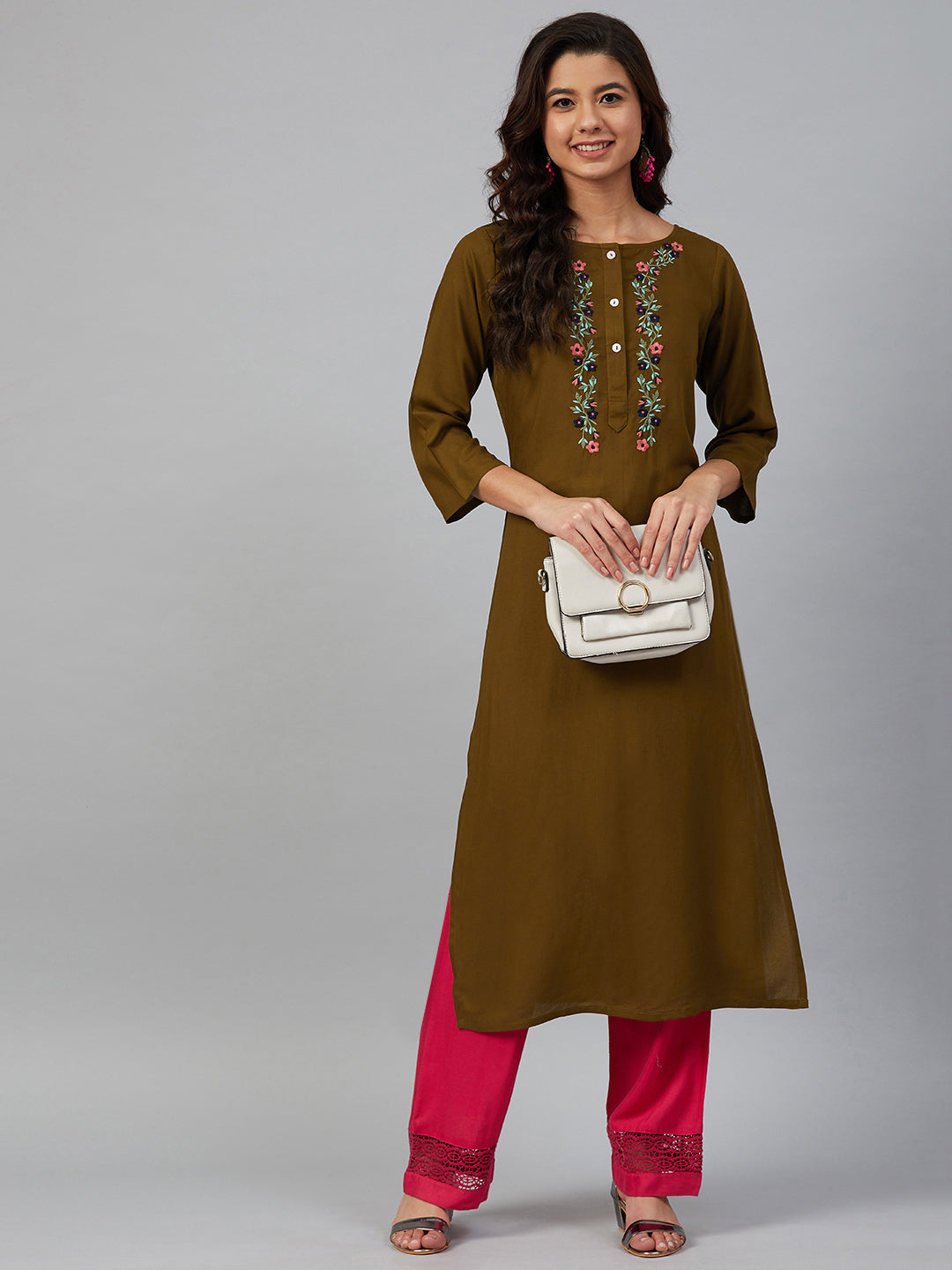 Jompers Women Olive Brown & Pink Yoke Embroidered Straight Kurta - Distacart