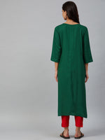 Thumbnail for Jompers Women Green & Peach-Coloured Yoke Embroidered Straight Kurta - Distacart