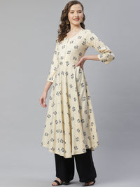 Thumbnail for Jompers Women Off-White & Black Floral Printed A-Line Kurta ( ream ) - Distacart